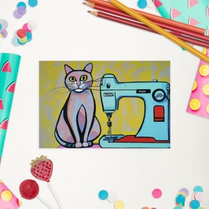 Carte postale #08 couture chats, oeuvre d'art originale, impression passionné de couture, carte postale humoristique de pendaison de crémaillère, carte de collègue qui aime les chats