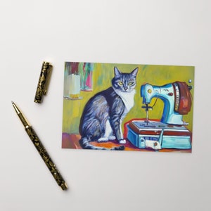 Carte postale #07 couture chats, oeuvre d'art originale, impression passionné de couture, carte postale humoristique de pendaison de crémaillère, carte de collègue qui aime les chats