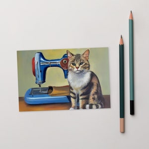 Carte postale #04 couture chats, oeuvre d'art originale, impression passionné de couture, carte postale humoristique de pendaison de crémaillère, carte de collègue qui aime les chats