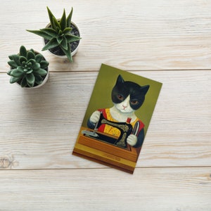 Carte postale n°12 couture chats, oeuvre d'art originale, impression amateur de couture, carte postale humoristique de pendaison de crémaillère, carte de collègue qui aime les chats