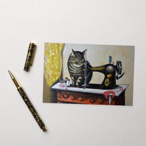 Carte postale #01 couture chats, oeuvre d'art originale, impression passionné de couture, carte postale humoristique de pendaison de crémaillère, carte de collègue qui aime les chats
