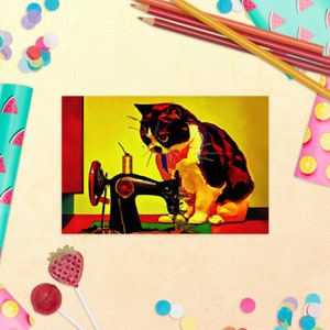 Carte postale #23 couture chats, oeuvre d'art originale, impression passionné de couture, carte postale humoristique cadeau de pendaison de crémaillère, carte de collègue qui aime les chats