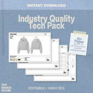 Puede incluir: Un paquete técnico digital con el texto "Industry Quality Tech Pack" e "Instant Download". El paquete incluye páginas CAD con diseños de sudaderas con capucha, hojas de especificaciones y una nota que dice "10+ Pages Ready to be filled with custom specifications!"
