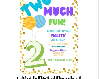Two Much Fun second birthday digital download invitation