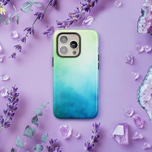 Telefoonhoesje blauw en groen verloop ombre, Aura aquarel telefoonhoesje iPhone 16 15 14 13 Pro Max, Samsung S24 S23 S22 Ultra Plus, Pixel 8 7 6