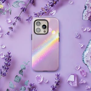 Pastel Pink Rainbow Glitter Phone Case, Cute Purple Girly Aesthetic Cover iPhone 16 15 14 13 Pro Max, Samsung S24 S23 Ultra Plus, Pixel 8 7