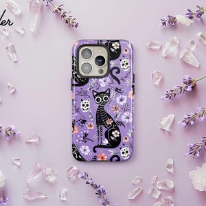 Black Cat Phone Case, Spooky Halloween Cover, Witchy Skeleton Cat iPhone 16 15 14 13 12 Pro Max, Samsung S24 S23 S22 Ultra Plus, Pixel 8 7 6
