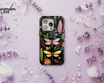 Dragonfly Floral Phone Case: Cottagecore Botanical Design iPhone 17 16 15 14 13 Air Pro Max, Samsung S25 S24 S23 S22 Ultra Plus, Pixel 9 8 7
