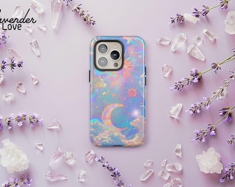 Funda para teléfono Pastel Celestial: Sol, Luna y Estrellas Iridiscentes para iPhone 17 16 15 14 13 Air Pro Max, Samsung S25 S24 S23 S22 Ultra Plus, Pixel 9 8 7