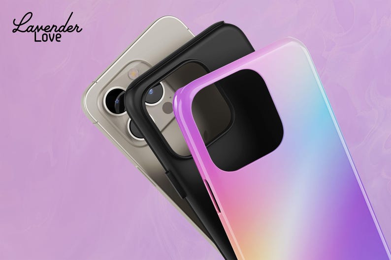 a close-up view of a smartphone with a colorful case, set against a pink background.