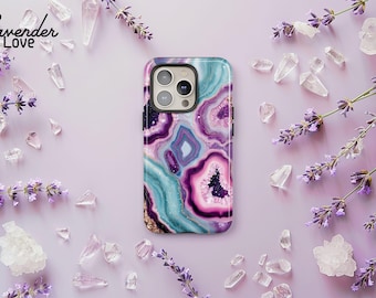 Bunt Kristall Handy Hülle: Pastell Achat Geode Cover iPhone 17 16 15 14 13 Air Pro Max, Samsung S25 S24 S23 S22 Ultra Plus, Pixel 9 8 7