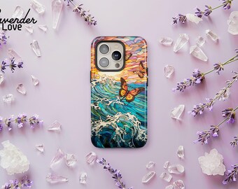 Stained Glass Butterfly Ocean Waves Phone Case iPhone 17 16 15 14 13 Air Pro Max, Samsung Galaxy S25 S24 S23 S22 Ultra Plus, Pixel 9 8 7