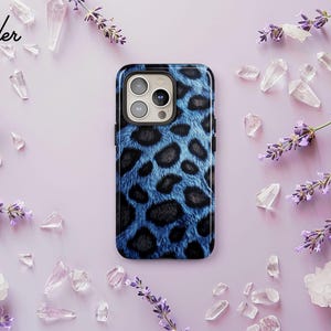 Leopard Print Phone Case, Animal Print Cover, Blue Polka Dot Safari iPhone 16 15 14 13 12 Pro Max, Samsung S24 S23 S22 Ultra Plus, Pixel 8 7