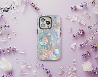 Celestial Phone Case: Iridescent Sun, Moon & Stars Galaxy Cover iPhone 17 16 15 14 13 Air Pro Max, Samsung S25 S24 S23 S22 Ultra, Pixel 9 8