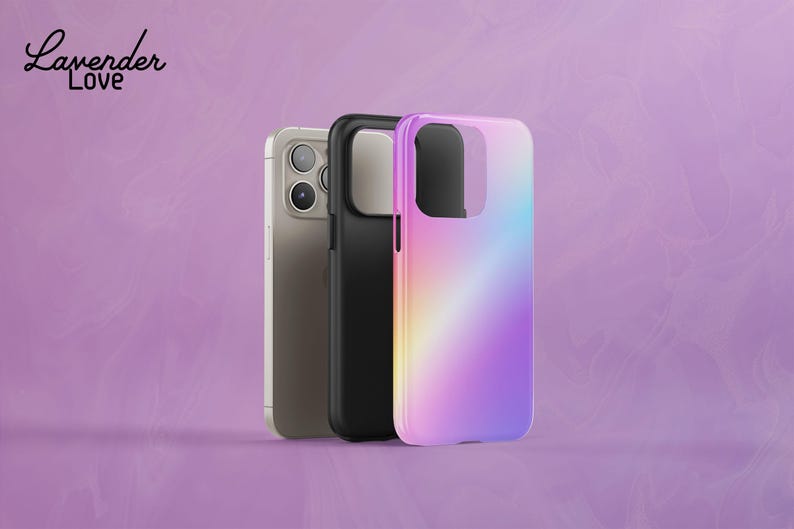 three different phone cases, each with a unique color and design, against a purple background.