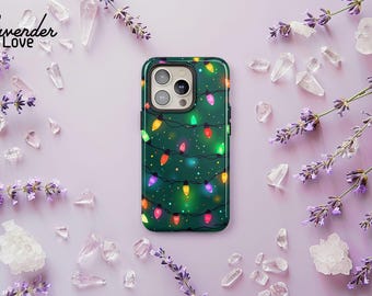 Funda navideña para móvil: Diseño de luces navideñas verdes. Compatible con iPhone 17, 16, 15, 14, 13, 12 Pro Max, Samsung S25, S24, S23 Ultra Plus y Pixel 9, 8 y 7.