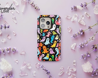 Colorful Cute Ghost Phone Case, Psychedelic Spooky Halloween Cover iPhone 16 15 14 13 12 11 Pro Max, Samsung S24 S23 Ultra Plus, Pixel 8 7 6
