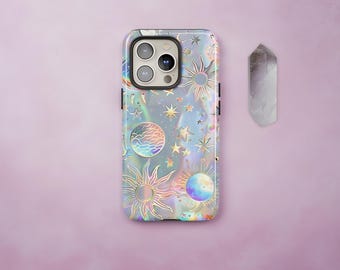 Himmlische Handytasche: Irisierende Sonne, Mond & Sterne Galaxy Cover iPhone 17 16 15 14 13 Air Pro Max, Samsung S25 S24 S23 S22 Ultra, Pixel 9 8