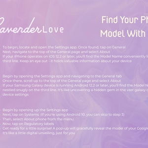 The image is a guide or instructions for finding a phone model with ease, providing step-by-step directions for locating and opening the Settings app on an iPhone, Samsung Galaxy, and Google Pixel devices.