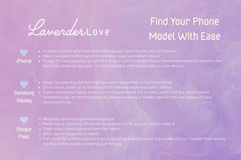 The image is a guide or instructions for finding a phone model with ease, providing step-by-step directions for locating and opening the Settings app on an iPhone, Samsung Galaxy, and Google Pixel devices.