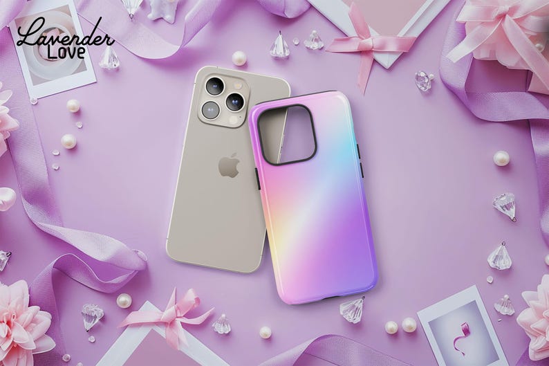 a gold iPhone with a colorful case, surrounded by various accessories such as pearls, ribbons, and flowers on a purple background.
