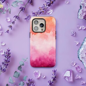 Telefoonhoesje roze en perzik gradiënt ombre, Aura aquarel telefoonhoesje iPhone 16 15 14 13 12 Pro Max, Samsung S24 S23 Ultra Plus, Pixel 8 7 6