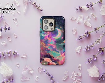 Funda para teléfono con diseño psicodélico de sol, luna y estrellas: Cubierta celestial iridiscente para iPhone 17 16 15 14 Air Pro Max, Samsung S25 S24 S23 S22 Ultra, Pixel 9 8