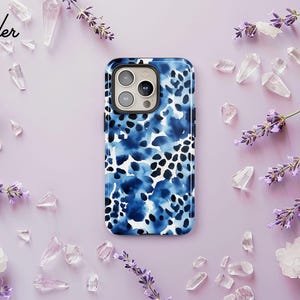 Leopard Print Phone Case, Animal Print Cover, Blue Watercolor Case iPhone 16 15 14 13 12 Pro Max, Samsung S24 S23 S22 Ultra Plus, Pixel 8 7