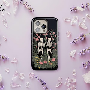 Dancing Skeletons Phone Case, Cottagecore Botanical Lovers Halloween Case iPhone 16 15 14 13 Pro Max, Samsung S24 S23 Ultra Plus, Pixel 8 7