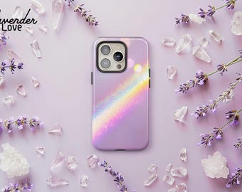Pastel Pink Rainbow Glitter Phone Case, Cute Purple Girly Aesthetic Cover iPhone 16 15 14 13 Pro Max, Samsung S24 S23 Ultra Plus, Pixel 8 7