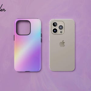 a phone case with a gradient of purple and pink colors, and an actual iPhone placed next to it on a purple background.