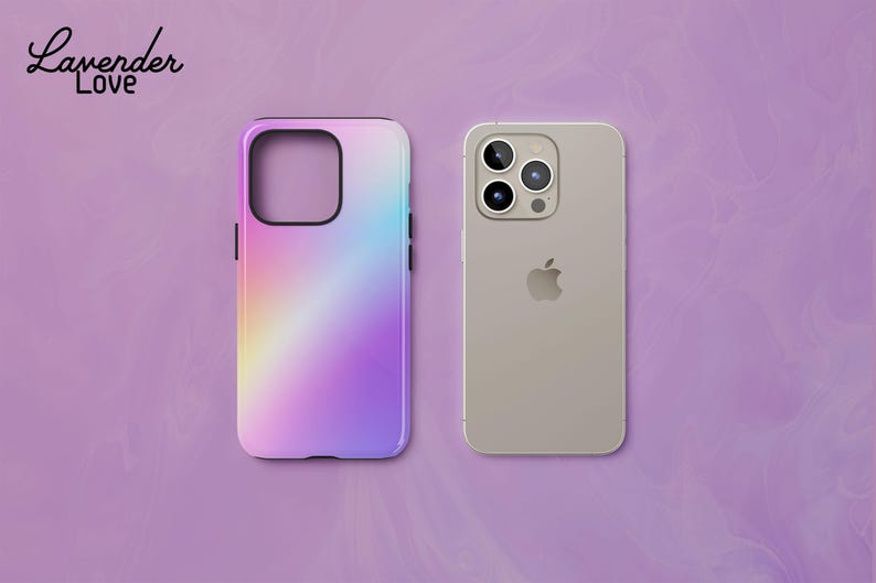 a phone case with a gradient of purple and pink colors, and an actual iPhone placed next to it on a purple background.