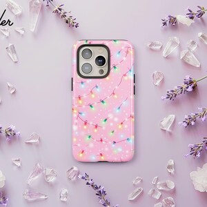 Christmas Phone Case: Soft Pink Winter Holiday Lights Pattern iPhone 17 16 15 14 13 12 Pro Max, Samsung S25 S24 S23 Ultra Plus, Pixel 9 8 7