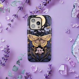 Cottage Core Butterfly Moth Phone Case, Dark Academia Botanical Moon Cover iPhone 16 15 14 13 Pro Max, Samsung S24 S23 Ultra Plus, Pixel 8 7