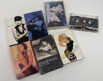 Lote de 6 casetes de Madonna: True Blue, Like a Virgin, Vogue, Justify My Love (años 80).