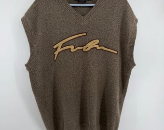 Chaleco deportivo vintage FUBU de mezcla de lana marrón con cuello en V y logo, talla XXXL 0196