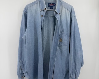 Camisa de hombre Vintage Ruff Hewn, talla grande, de mezclilla clara con escudo de ancla y botones, fabricada en EE. UU.