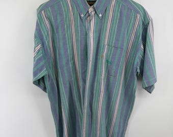 Camisa vintage masculina Duxbak, tamanho G, listrada, de algodão, com botões e manga curta (código 0091).