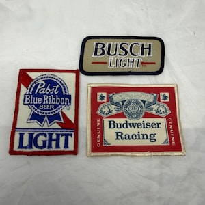 Lote de parches de cerveza vintage Busch Light Pabst Blue Ribbon PBR Budweiser Racing 3 piezas