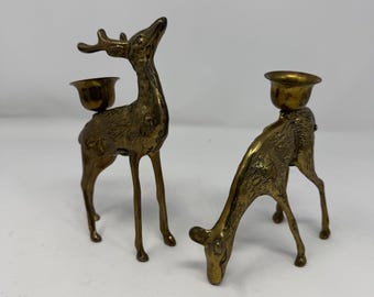Vintage Massiv Messing Kerzenhalter Set Hirsch und Hirsch Mid Century Modern Gold