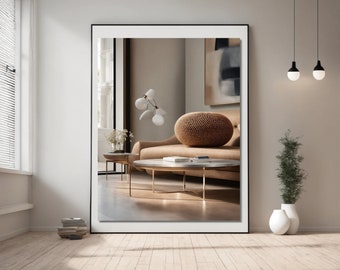 Può includere: Un design di interni per un soggiorno moderno con un divano beige, un pouf rotondo intrecciato e un tavolino da caffè in metallo dorato. La stanza presenta una grande finestra con tende bianche, un soffitto bianco e una parete bianca con un dipinto.