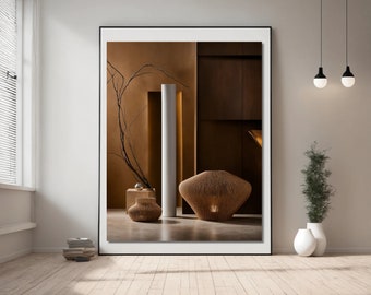 Può includere: Una stampa incorniciata di un design d'interni minimalista con uno schema di colori marrone, bianco e beige. La stampa presenta un paralume intrecciato, una colonna bianca e un ramo con foglie secche.