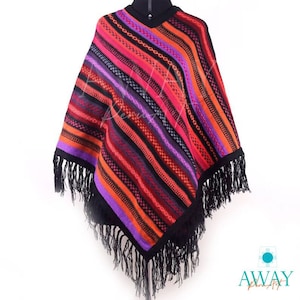 Handgeweven zwarte poncho / traditionele Peruaanse poncho / alpacawolponcho / Quechua poncho / kleurrijke cape / damesponcho / cadeau voor haar