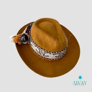Camel colored andean hat, Fedora hat, Peruvian artisan-made hat, Felt and alpaca mixed hat, Inka- q&#39;ero woven band hat,Sustainable hat