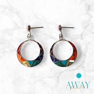Inca Geometric Earrings in 950 Silver with Natural Inca Avalon Stone Inlays - 1.75&quot; x 1.25&quot;, Boho