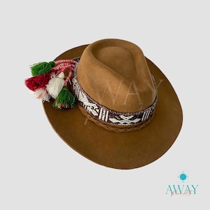 Brown colored andean hat, Fedora hat, Peruvian artisan-made hat, Felt and alpaca mixed hat, Inka- q&#39;ero woven band hat, Sustainable hat