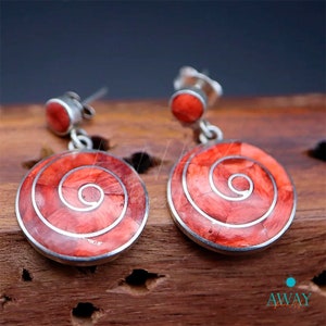 950 Silver Pachamama Earrings with Red Spondylus Natural Stone Inlay, Peruvian Handmade Jewelry, Gift.