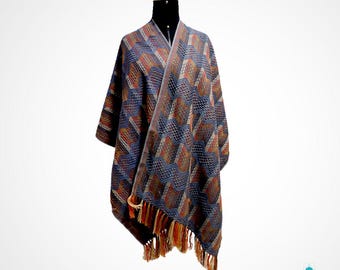 Alpaca Wool Cape: Unisex Inca Geometric Ruana Shawl