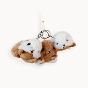 May include: Three plush bunny keychains in shades of brown and white. Each keychain features a small, fluffy bunny with embroidered facial details and a silver keyring. The bunnies are attached together, creating a charming and whimsical accessory.
