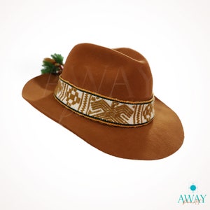 Brown colored andean hat, Fedora hat, Peruvian artisan-made hat, Felt and alpaca mixed hat, Inka- q&#39;ero woven band hat,Sustainable hat